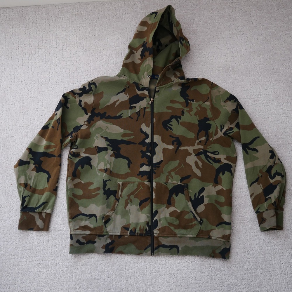 Polo Ralph Lauren Mens XXL Camo Full Zip Hoodie Pony Player Print Woodland Green